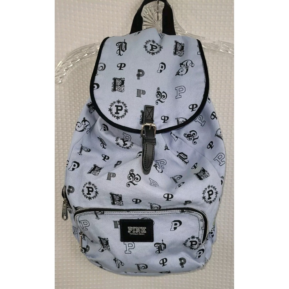 Vintage Victorias Secret Pink Canvas Drawstring Backpack Light Blue with Logos